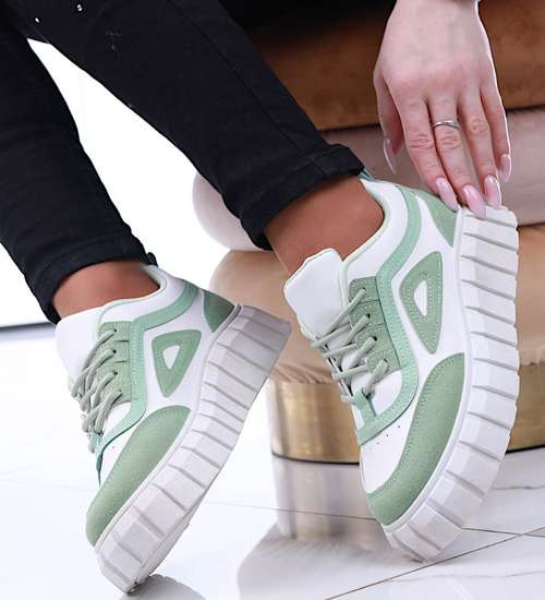 Sznurowane biało zielone trampki damskie /G9-3 13660 S247/ Sznurowane biało zielone trampki damskie /G9-3 13660 S247/