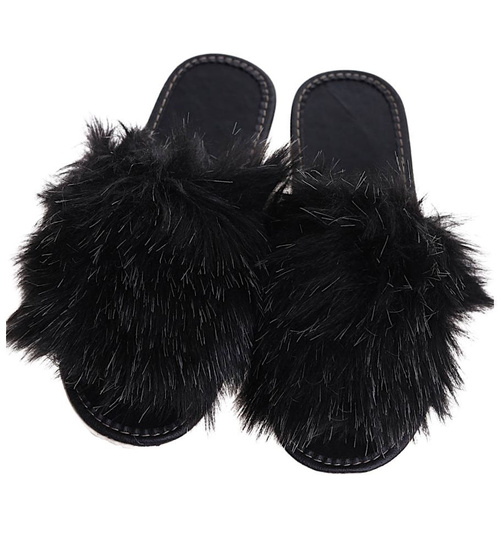 Klapki z futerkiem na grubym spodzie Czarne /E1-1 6925 S197/