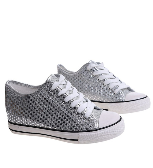 Wiązane srebrne trampki na koturnie /A10-2 16548 G8-61/