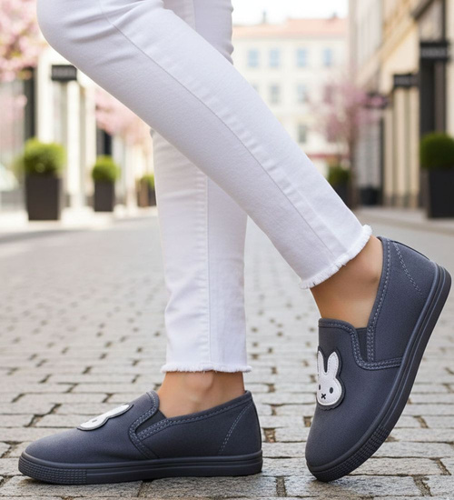 Ciemno szare wsuwane trampki slip on z króliczkiem /A1-2 15763 T141/
