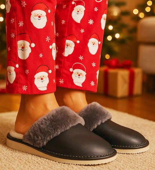 Skórzane szare kapcie damskie z wełną /G4-1 18466 S196/