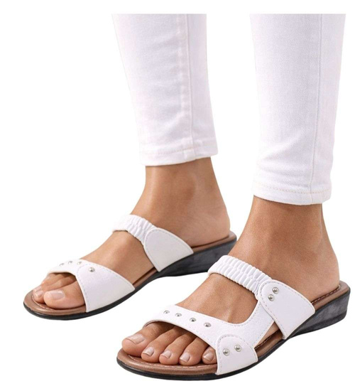 Białe damskie klapki na płaskim obcasie /G5-1 14187 T097/