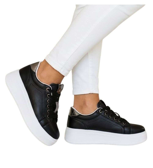 Czarne sznurowane damskie trampki na platformie /F6-2 16234 G360/