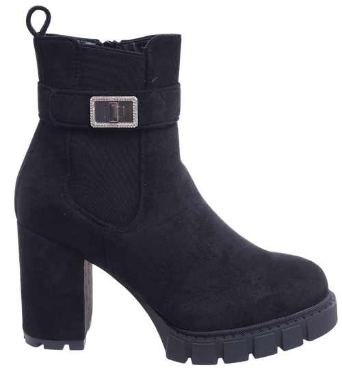 Czarne botki damskie na obcasie słupku /F7-2 18298 T388/