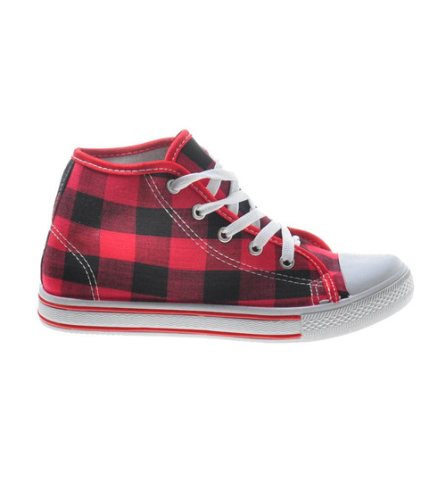 Wysokie damskie trampki z tkaniny w kratkę CZERWONE /C5-3 7629 S097/