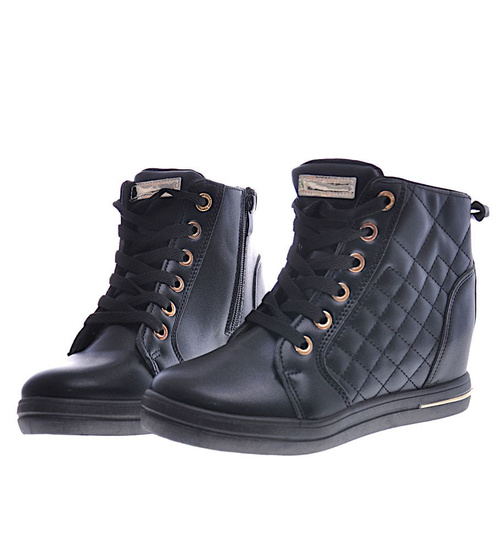 Czarne klasyczne sneakersy damskie na koturnie /E9-2 12825 T699/