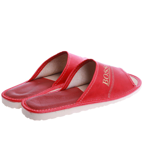 Skórzane męskie klapki domowe BOSS Czerwone /B5-1 17323 S199/