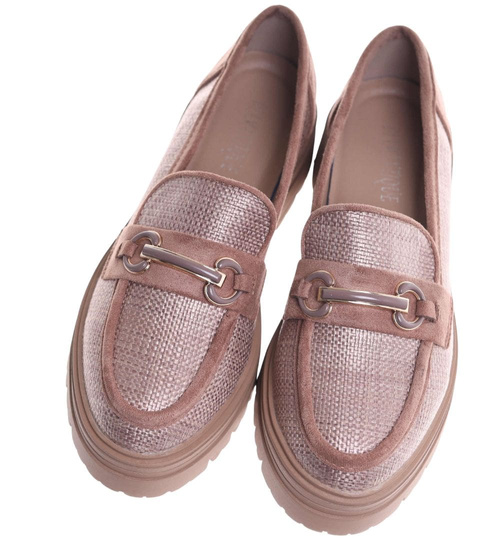Półbuty loafersy damskie na platformie Khaki /K3-2 18619 W142/