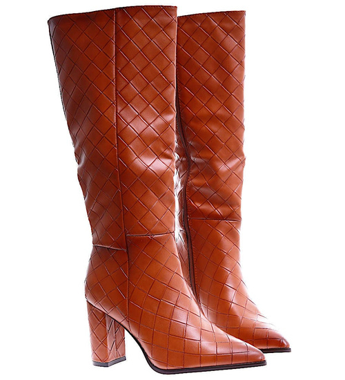 Brązowe lekko ocieplone kozaki na słupku /C1-1 15184 T389/