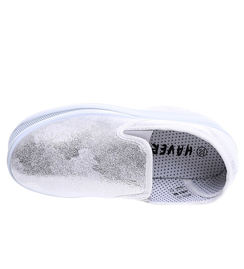 Wsuwane srebrne dziewczęce tenisówki slip on /B6-2 15593 T196/