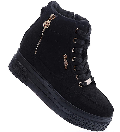 Czarne zamszowe sneakersy na koturnie i platformie /G4-3 15506 T634/