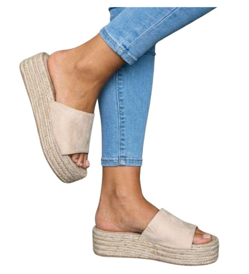 Beżowe klapki na espadryle na platformie /G7-3 17933 G287/