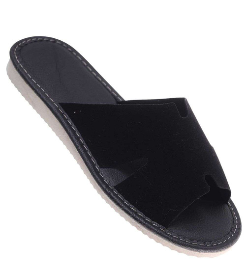 Skórzane domowe klapki kapcie czarne /A3-1 18695 S194/