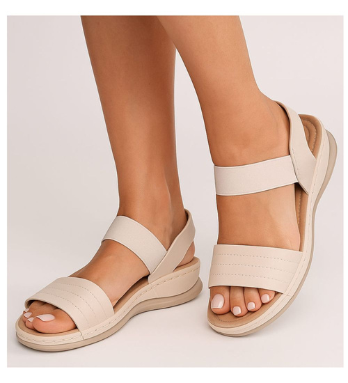 Sandały damskie na niskim koturnie Beżowe /F1-1 17871 T231/