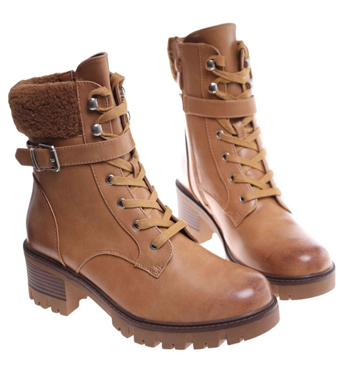 Karmelowe ocieplane botki damskie /F9-3 18180 T432/