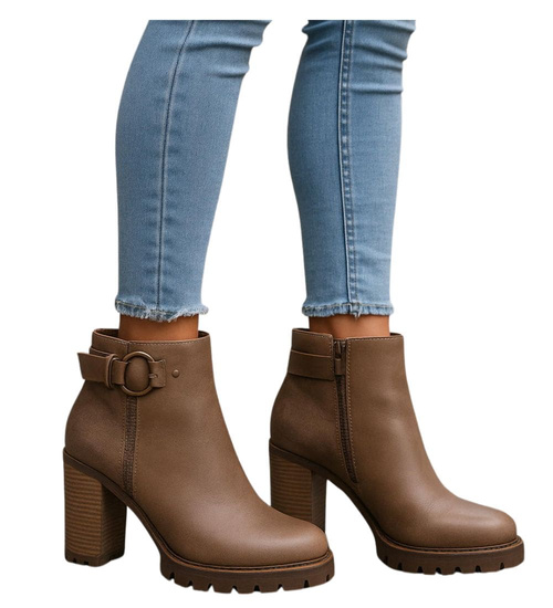 Jesienne botki damskie na obcasie słupku Khaki /J5-4 H2 18211 W301/