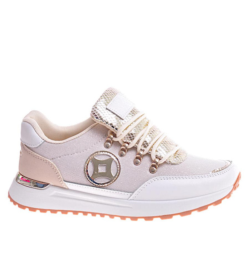 Sznurowane damskie buty sportowe Beżowe /D7-3 12348 T697/