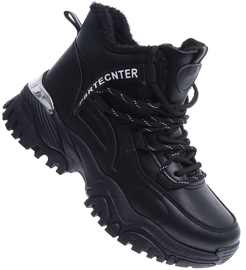 Czarne ocieplane trampki sneakersy na koturnie /G12-3 15392 T538/