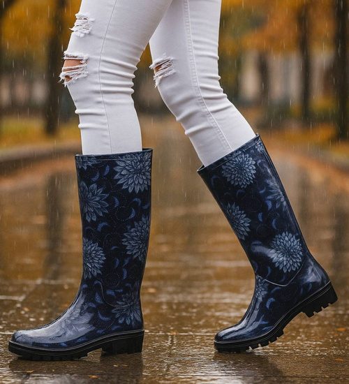 Kalosze damskie z wysoką cholewką Czarno granatowe /B4-1 18373 T346/