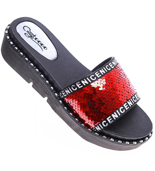 Czerwone klapki na niskim koturnie /G13-2 16252 T192/