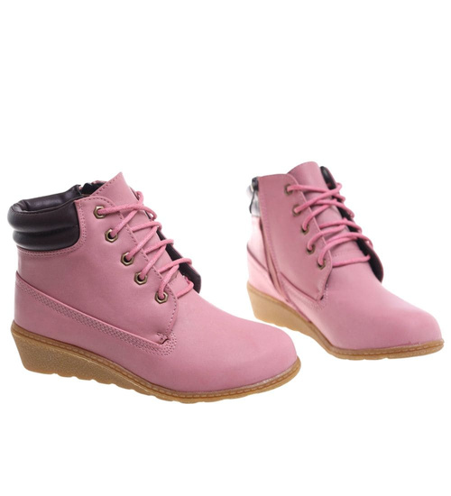 Różowe sznurowane botki na niskim koturnie /E9-2 16625 T7-38/