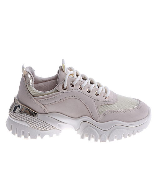 Sznurowane sportowe buty damskie beżowe /A5-3 13731 T598/