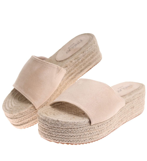 Beżowe klapki na espadryle na platformie /G7-3 17933 G287/