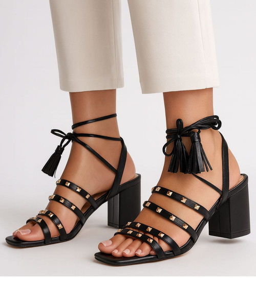 Czarne sandały na grubym obcasie Lace up /A5-3 16177 G132/