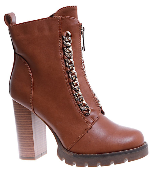 Zimowe ocieplane botki lity na słupku camel /E3-1 15406 T231/