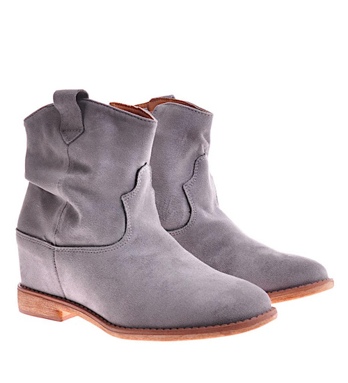 Zamszowe botki damskie na niskim koturnie Szare /D6-3 12260 T296/