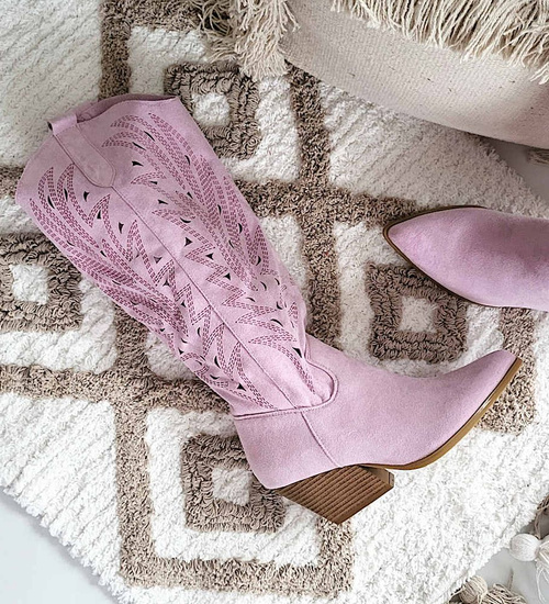 Ażurowe kozaki damskie na obcasie Fioletowe /B1-2 14753 T108/