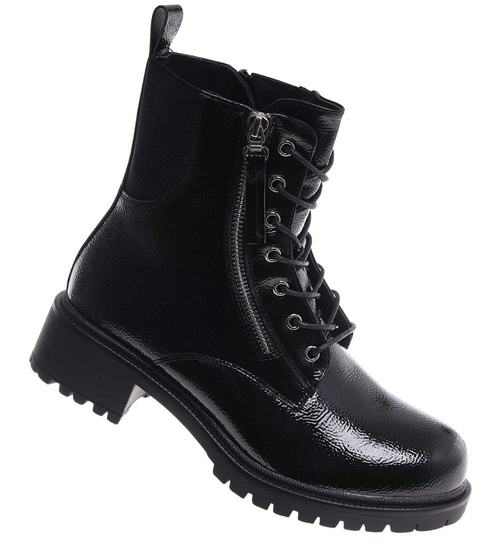 Czarne błyszczące botki trapery glany /D2-3 18380 W4/