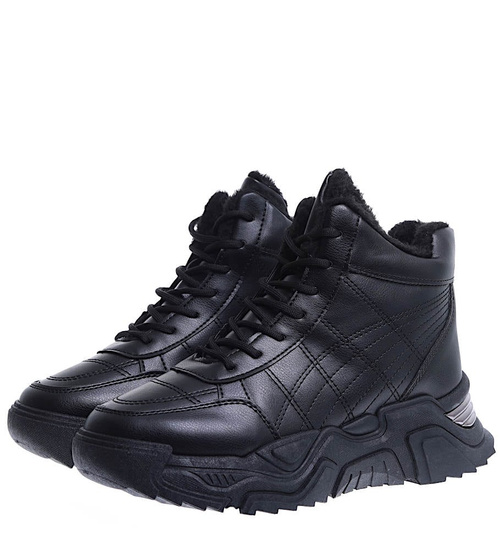 Zimowe czarne ocieplane trampki sneakersy na koturnie /E4-3 15397 T532/