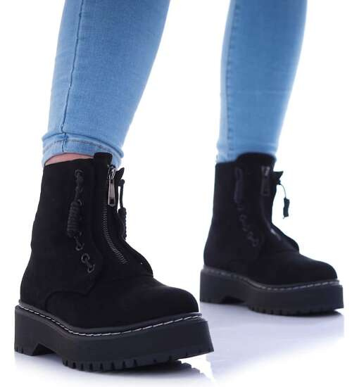 Czarne sznurowane botki trapery na platformie /E6-3 17165 T288/