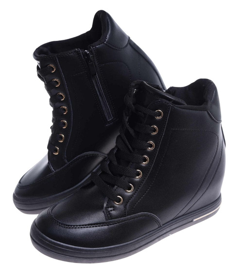 Czarne klasyczne sneakersy damskie na koturnie /F8-3 12818 T492/