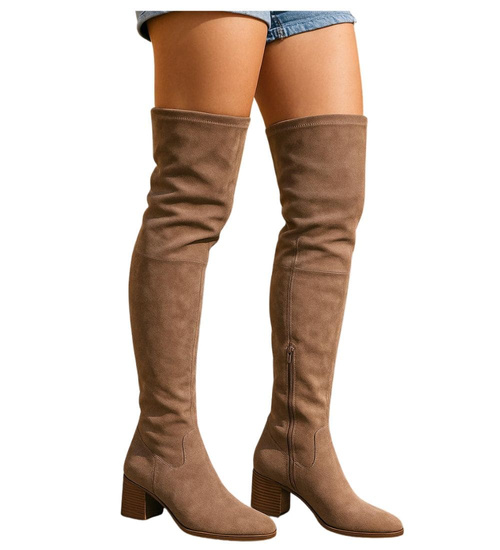 Beżowe kozaki muszkieterki na obcasie /D8-2 18256 W488/