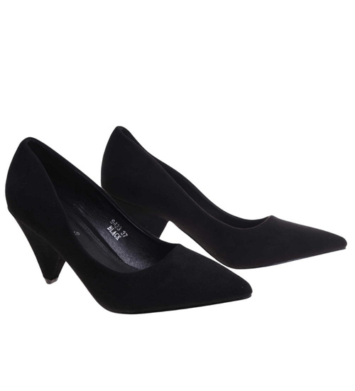 Czarne zamszowe czółenka damskie na obcasie /E5-2 12153 T197/