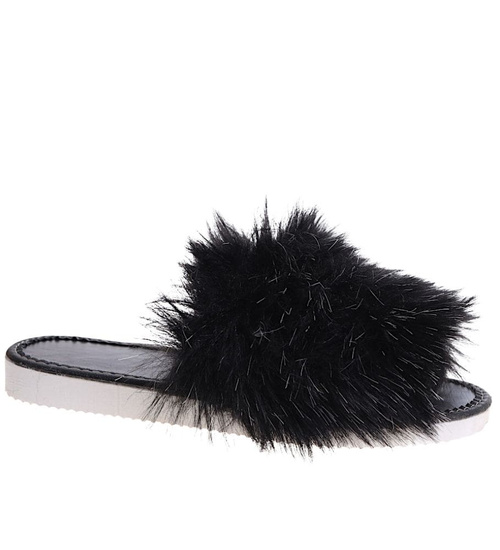 Klapki z futerkiem na grubym spodzie Czarne /E1-1 6925 S197/