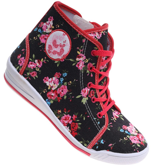 Wysokie dziewczęce trampki w kwiatki czarno-czerwone /A2-3 7544 S089/