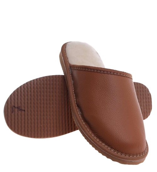 Skórzane brązowe kapcie damskie z wełną /C6-1 12796 S196/