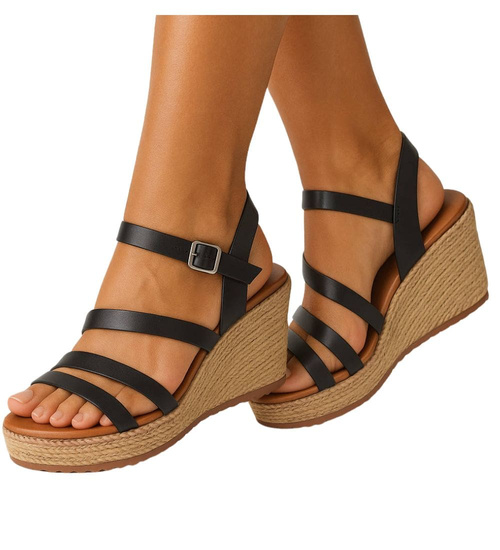 Sandały damskie na koturnie i platformie Czarne espadryle /C4-3 17832 G281/