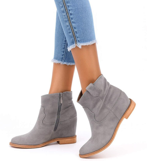 Zamszowe botki damskie na niskim koturnie Szare /D6-3 12260 T296/