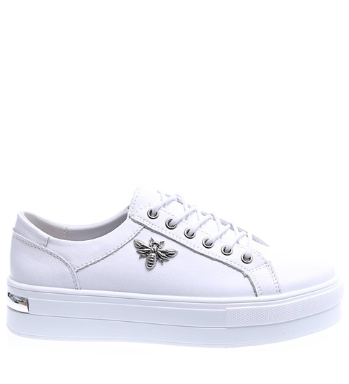 Białe skórzane damskie trampki na platformie /B5-2 15514 T105/