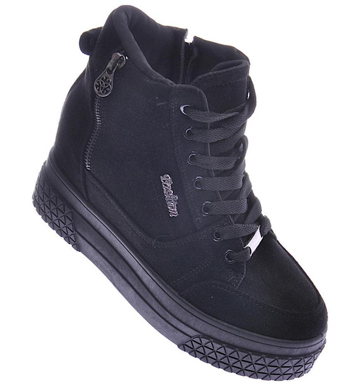 Czarne zamszowe sneakersy na koturnie i platformie /G13-1 12449 T730/