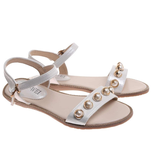 Sandały damskie na płaskim obcasie Srebrne /G6-2 17919 T132/