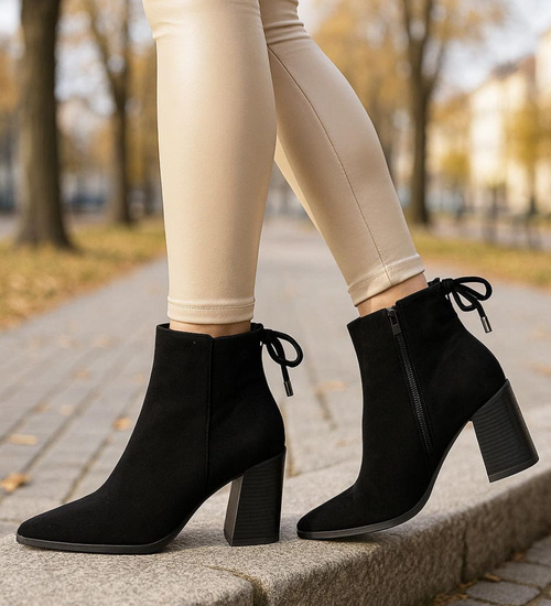 Klasyczne botki damskie zimowe na obcasie Czarne /K3-1 18564 W222/