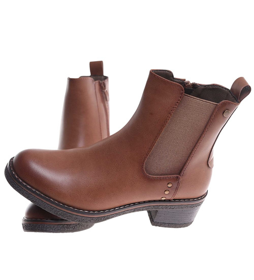 Karmelowe botki sztyblety na płaskim obcasie /A8-3 18415 W484/