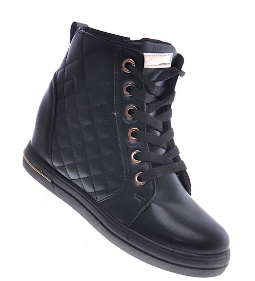 Czarne klasyczne sneakersy damskie na koturnie /E9-2 12825 T699/