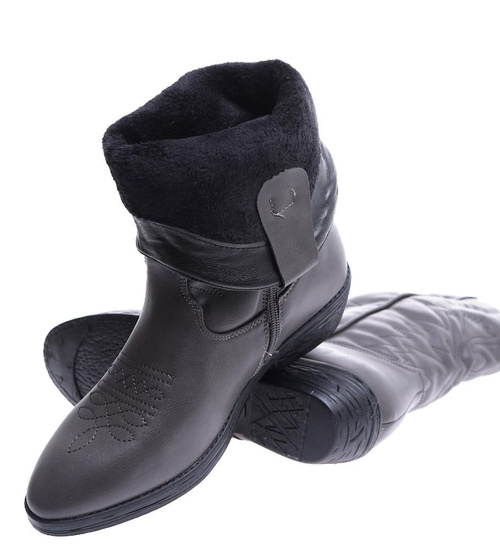 Damskie szare kowbojki ocieplane na niskim obcasie /B6-3 15314 S296/