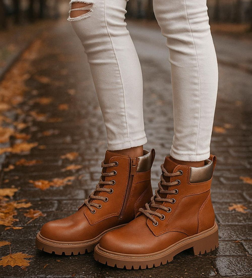 Sznurowane ocieplane botki trapery Karmelowe /E8-2 18266 W432/